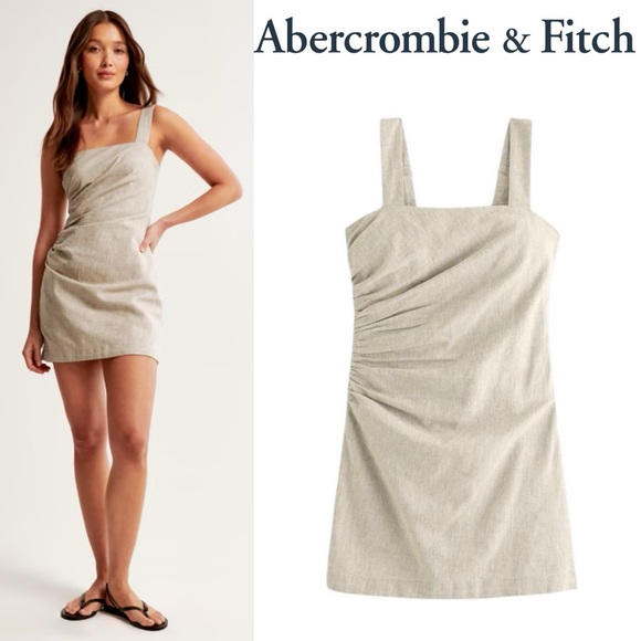 NWT Abercrombie & Fitch Linen Blend Ruched Square Neck Mini Dress Beige Size S - Picture 2 of 16